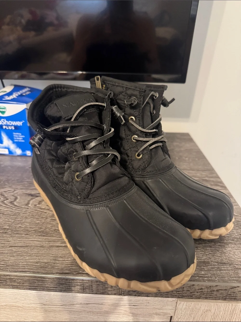 Nautica Black Duck Boots with Tan Gum Outsole